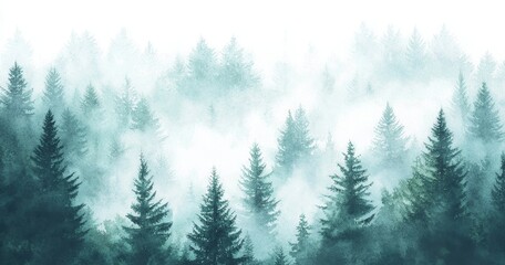 Winter forest with foggy hills. Wild nature, frozen, misty, taiga. Watercolor background.