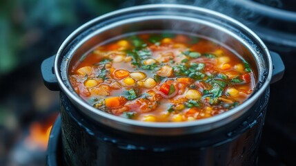 Thermos with hot soup ready for a warming meal on the go