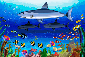 Obraz premium Flocks of colorful fish underwater.Vector illustration with bright fish and algae in the underwater world.