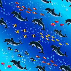 Flocks of dolphins and fish.Color vector pattern with dolphins and flocks of bright fish.