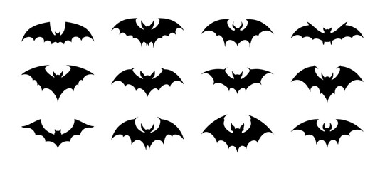 Black bats set, isolated on white background. Vector illustration, traditional Halloween decorative elements. Halloween bats silhouettes - for festive design decor for Halloween night party.