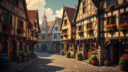 Obraz premium A quaint medieval town with cobblestone streets, timber-framed houses, and a bustling market square. 8-bit style, retro style