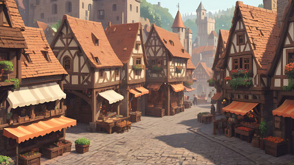 A quaint medieval town with cobblestone streets, timber-framed houses, and a bustling market square. 8-bit style, retro style