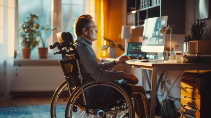A business professional with a disability efficiently managing tasks from their home office, using adaptive technology.