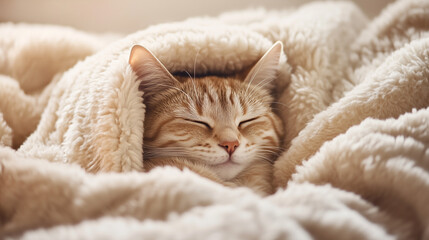 Fototapeta na wymiar cat peacefully sleeping under a soft, fluffy blanket