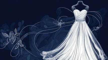 A white wedding dress outline illustration with flowing lines and floral accents. This delicate design is perfect for wedding invitations, bridal magazines, and other special events.