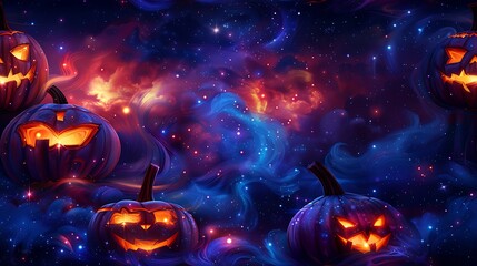Naklejka premium A seamless cartoon pattern of Jack-o'-Lanterns with a variety of facial expressions, glowing softly, surrounded by twinkling stars and swirling mist, on a deep indigo background. --ar 16:9 --v 6.