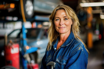 A professional female mechanic in blue coveralls smiling confidently in an auto repair workshop. Cars and tools are visible in the blurry background.