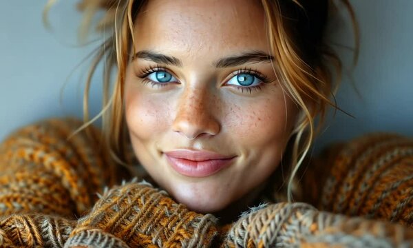 A mesmerizing individual showcases a radiant smile and vivid blue eyes while wearing a cozy, knitted sweater, radiating warmth and charm in their surroundings