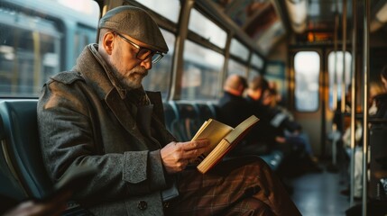 A professional commuting to work on a busy train, reading a book or checking emails during the journey.
