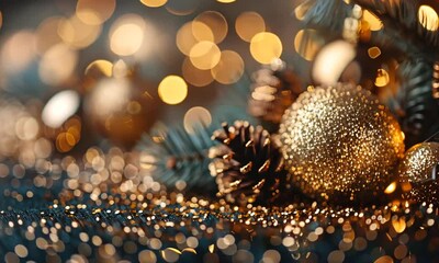 A cozy arrangement comes to life with shimmering gold ornaments and pine cones, creating a warm holiday atmosphere perfect for celebration