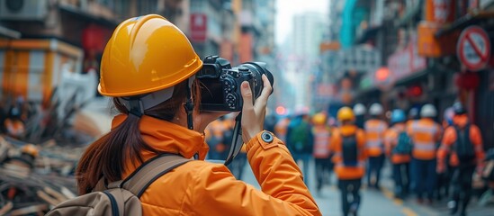 A Woman in an Orange Jacket and Hard Hat Takes Photos in a Busy Street. AI generated image