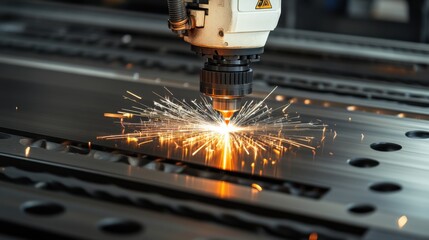 Industrial Laser Cutting Machine in Action with Sparks Flying in a Modern Manufacturing Facility