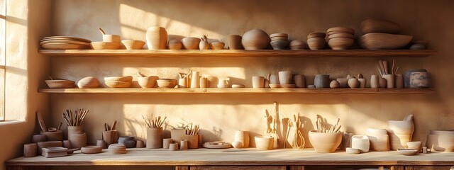Shelves with clay and pottery tools, clay pieces on the shelves, soft light from the window, warm colors