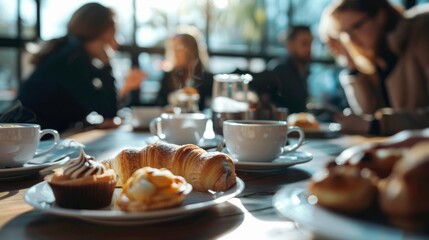 Professionals meeting at a cafe, discussing business plans over coffee and pastries.