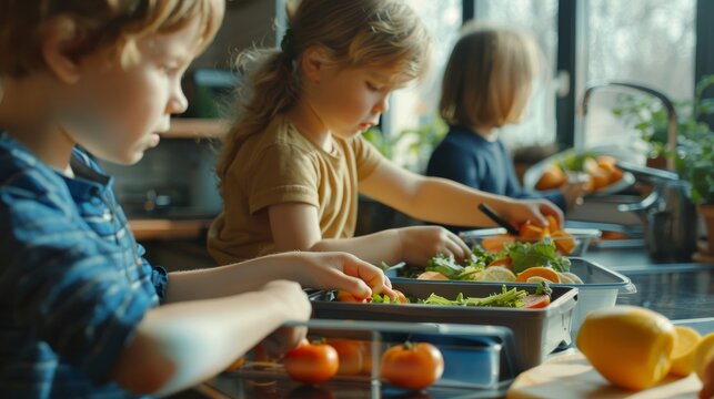 Parents preparing lunchboxes for their children, ensuring everyone has a healthy meal for the day.