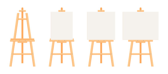 Set of wooden easels with blank canvases. Flat vector illustration isolated on white background. Art supplies and painting concept. Perfect for creative projects and educational materials