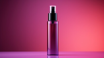 Purple spray bottle on pink and red gradient background. Sleek skincare, lipstick or perfume bottle. Ai generated image