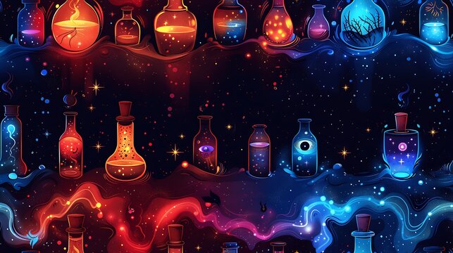 A seamless cartoon pattern of potion bottles with strange contents like eyeballs and glowing herbs, surrounded by swirling mists and tiny stars, set against a dark red background. --ar 16:9 --v 6.