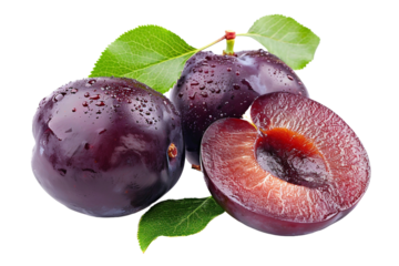 plums with leaves Isolated on a transparent background.