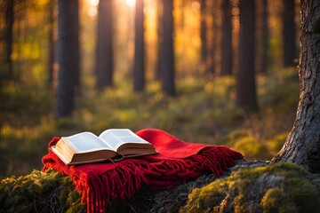 Read outdoors. Open book on a red blanket in a forest at sunset