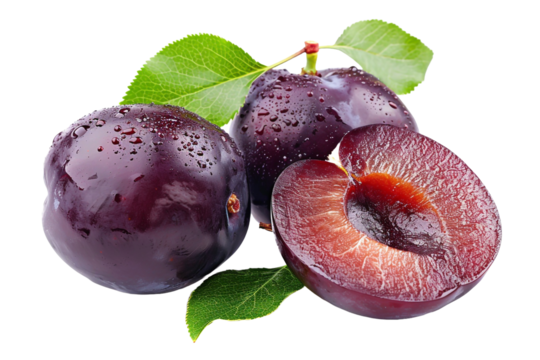 plums with leaves Isolated on a transparent background.