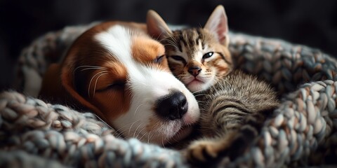 Beagle puppy and tabby kitten snuggled together in blanket.