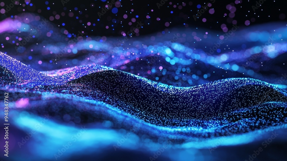 Poster a 3d rendering of an abstract wave on a dark background. a network design with particles, big data, 