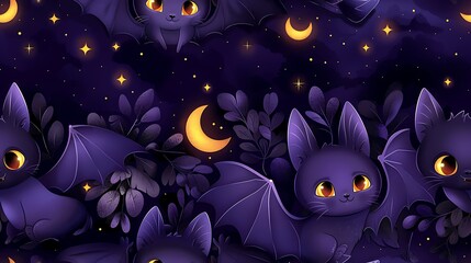 Fototapeta premium A seamless cartoon pattern of smiling bats swooping through the air, with crescent moons and scattered stars creating a whimsical nighttime scene, on a deep purple background. --ar 16:9 --v 6.