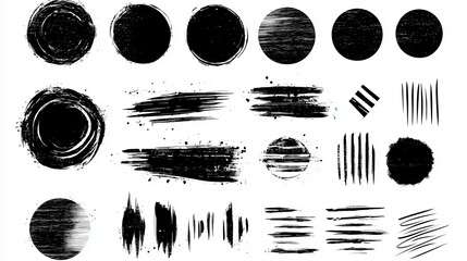 Abstract grunge vector design elements set featuring hand-drawn black ink circles and oval shapes with brush strokes on a white background. This versatile collection is ideal for web banners, posters,