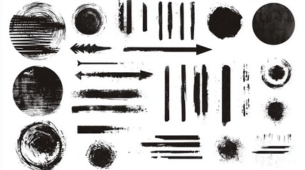 Abstract grunge vector design elements set featuring hand-drawn black ink circles and oval shapes with brush strokes on a white background. This versatile collection is ideal for web banners, posters,