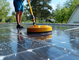 Fototapeta premium A worker is actively cleaning solar panels on a rooftop during bright sunlight, enhancing their efficiency and optimizing energy production while surrounded by greenery
