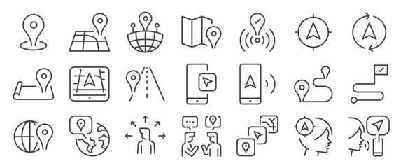 Location icon set. It included navigation, a map, a pin, a navigator, and more icons. Editable Vector Stroke.
