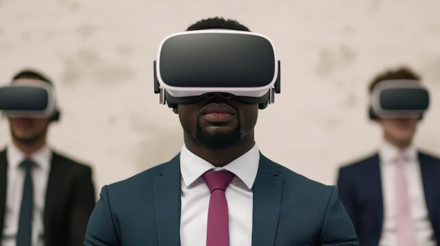 Diverse group of professionals in a virtual reality environment, exploring new business opportunities in the metaverse