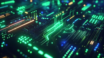 Fototapeta premium An abstract image of a circuit board, illuminated with bright green and blue lines. It symbolizes technology, innovation, digital connectivity, and the future of computing.