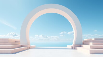 Fototapeta premium A modern architectural arch overlooking the calm sea on a bright, sunny day with fluffy clouds in the background