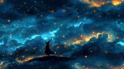 A seamless cartoon pattern of witches with pointy hats and capes, riding broomsticks through a starry sky, with fluffy clouds and twinkling stars, on a deep indigo background. --ar 16:9 --v 6.