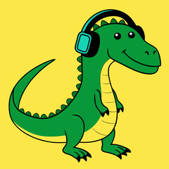 Fototapeta premium Green Dinosaur in Blue Headphones Listening to Music on Yellow Background, T-Shirt Print