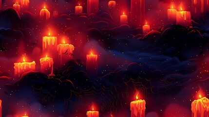 A seamless cartoon pattern with a mix of short and tall candles, surrounded by intricate cobweb designs, with small spiders peeking from behind the webs, set against a deep red background.