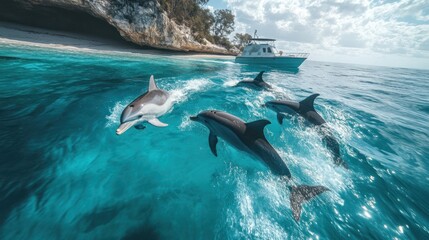Dolphins Swimming in Clear Blue Ocean Waters