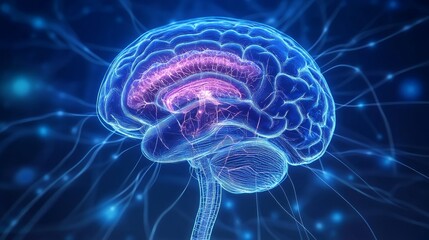 Naklejka premium An anatomical illustration of the human brain showcasing the hypothalamus and limbic system, highlighting their roles in regulating emotions, behavior, and homeostasis.