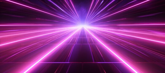 Vibrant beams of purple light extending toward a glowing center in a dynamic digital space at night