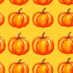 Seamless pattern of bright orange pumpkins on a yellow background, perfect for autumn-themed designs, Halloween decorations, and seasonal marketing materials, Great for use in posters, flyers