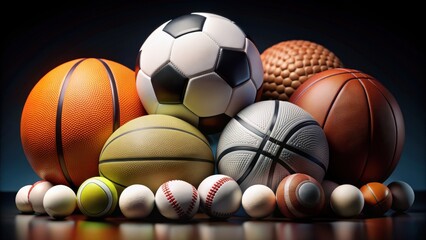 Dynamic composition of various sports balls in a visually appealing display , sports, balls, basketball, football, soccer