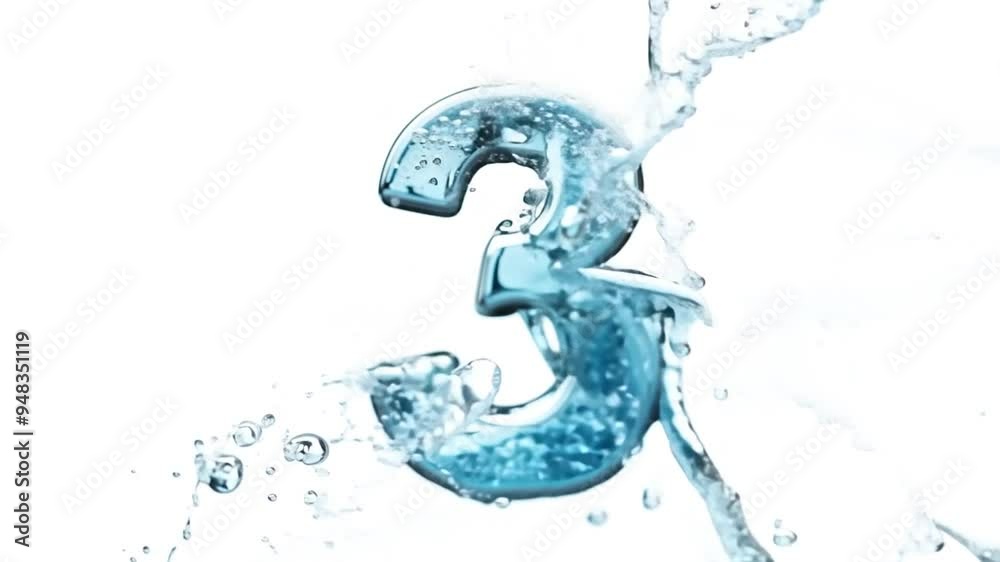 Poster water splashes around a clear number three in a bright setting generative ai