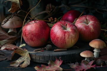 Autumn Still Life. Pink Apples and Fall Decorations on Dark Wooden Background