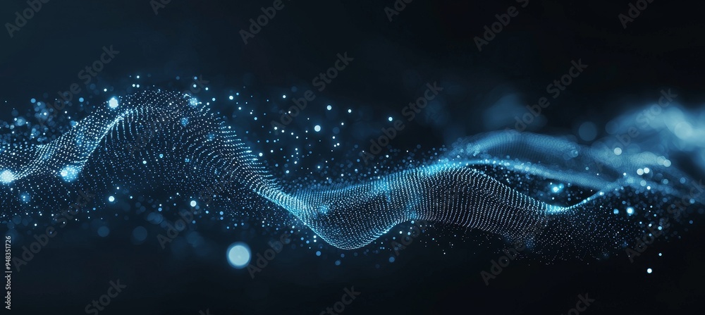 Poster an abstract mesh shaped like a wave with dots and lines. 3d rendering.