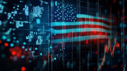 The image represents the US economy, with the American flag overlaid on a stock market chart, showcasing the interconnectivity between national identity and economic performance. The red and blue colo