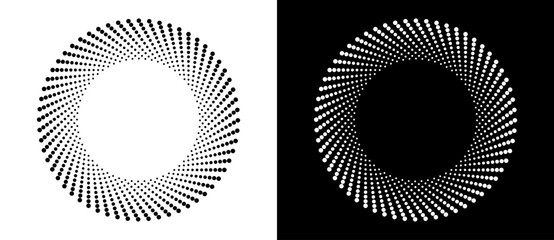 Art sun background. Icon template or logo with halftone dotted lines. Black shape on a white background and the same white shape on the black side.