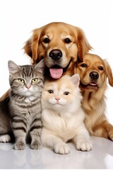 A golden retriever, a playful cat, and their furry friends sit together, showcasing their bond and joy in a cozy indoor setting